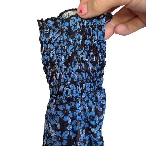 Francesca's Collections Blue Floral Ruched Long Sleeve High Neck Dress - Picture 8 of 11